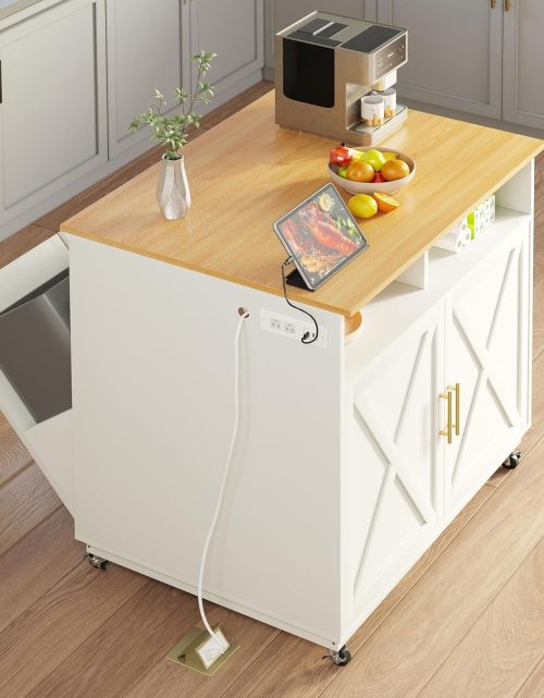 DWVO Kitchen Island with Power Outlet, 40 inch Rolling Island Table with Trash Can Cabinet, Square Mobile Storage Islands with Tilt Out Garbage Bin Cabinet fits Double 10-Gallon, White Oak