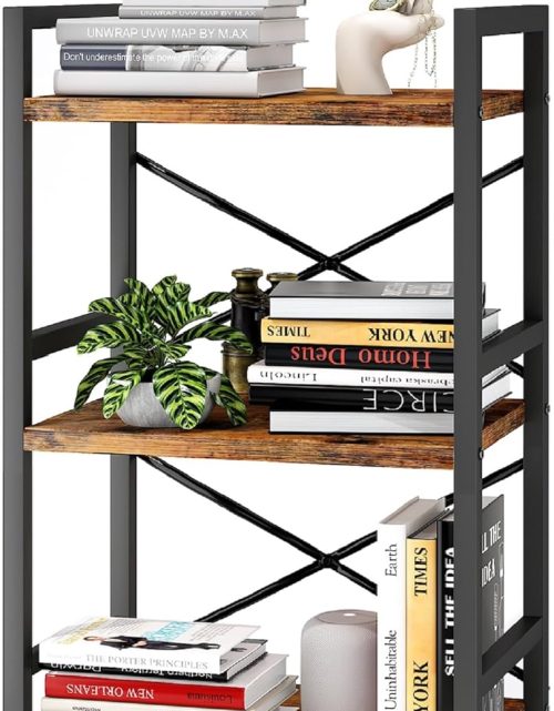Homeiju Bookshelf, 3 Tier Industrial Bookcase, Metal Small Bookcase, Rustic Etagere Book Shelf Storage Organizer for Living Room, Bedroom, and Home Office(Rustic Brown) Patent Pending D29873033