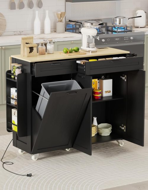 Rolling Kitchen Island with Power Outlet & Drop Leaf, Kitchen Island Cart with Trash Storage Cabinet,Kitchen Rolling Island with Spice Rack & Towel Rack, Knife Holder, Mobile Island Table for Kitchen