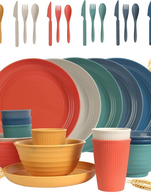 Wheat Straw Dinnerware Sets - SGAOFIEE 36 Piece Unbreakable Dinnerware Sets, Reusable Wheat Straw Plates and Bowls Sets, Travel Camping Cutlery Set, Dishwasher Microwave Safe Dinnerware Colourful